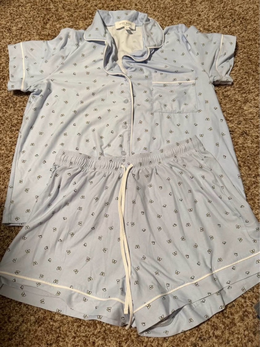Pink Rose Light Blue Short Pajama Set with Butterfly Print